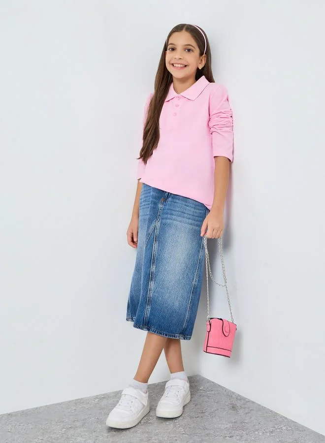 Styli Girls Light Pink Cotton Long Sleeve Polo T-Shirt